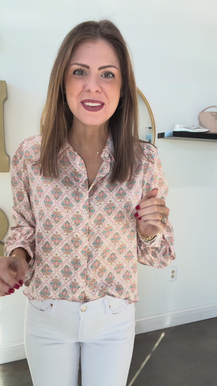 Printed Satin Button Down