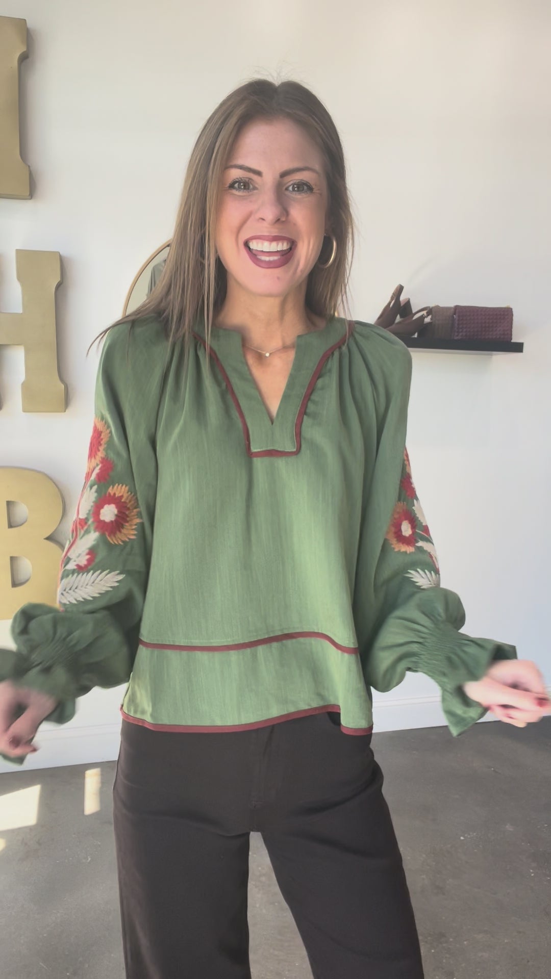 Embroidered Sleeve Top - Olive