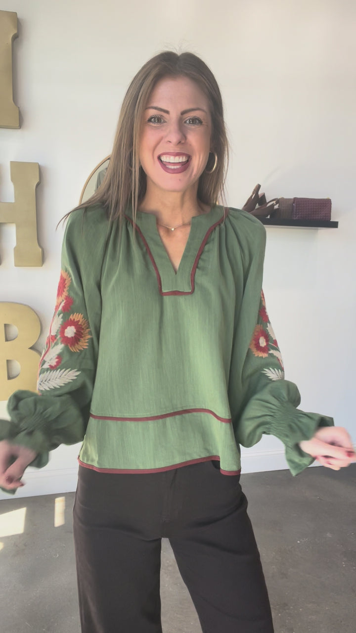 Embroidered Sleeve Top - Olive
