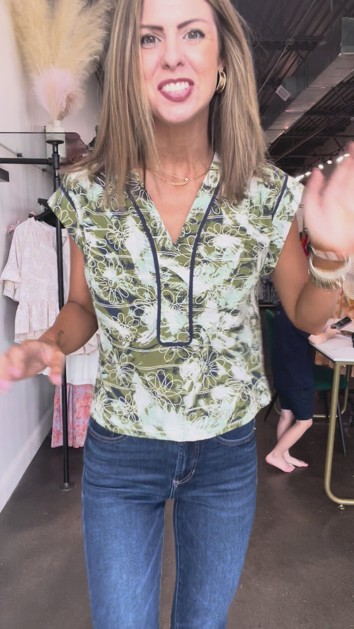 Contrast Piping Printed Top - Olive