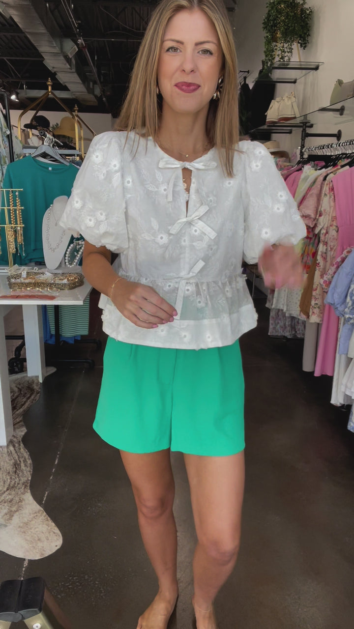 Bow Front Floral Textured Top - White