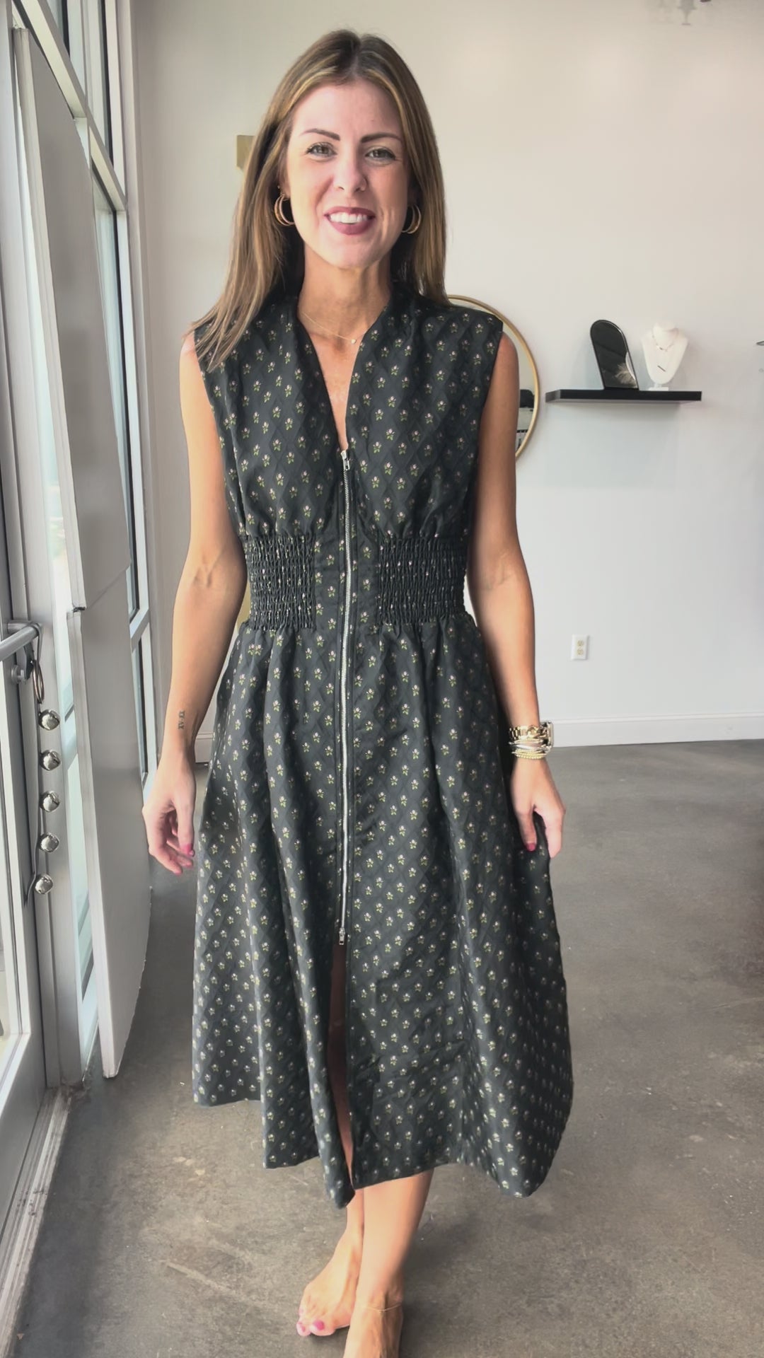 Smocked Waist Midi Dress - Black