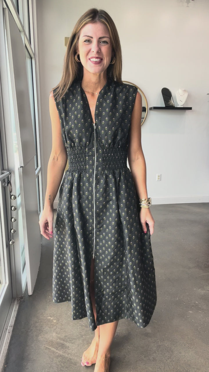 Smocked Waist Midi Dress - Black