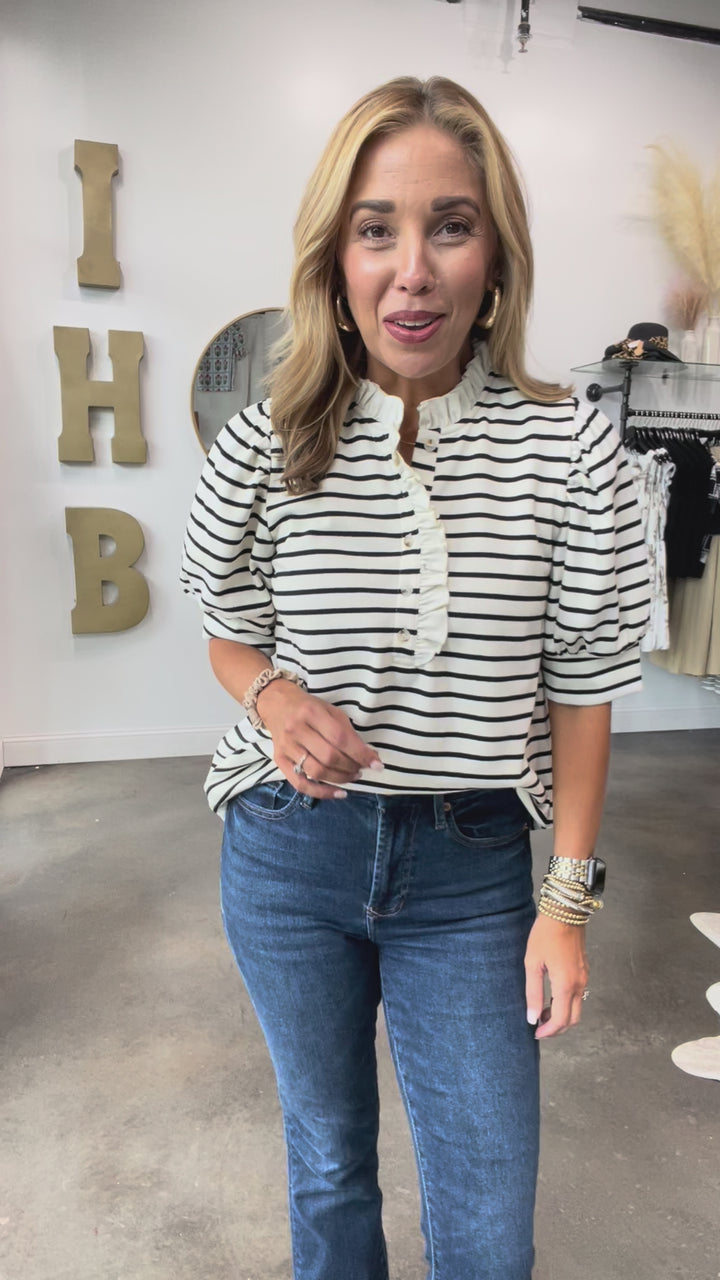 Ruffle Collar Striped Top - Cream/Black