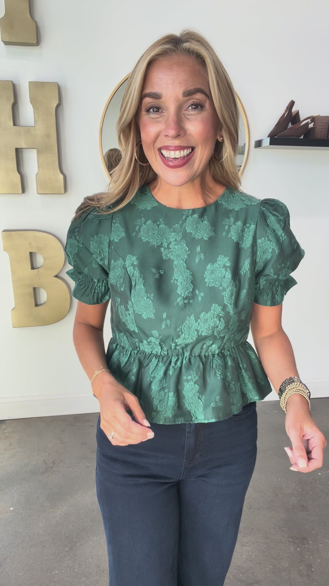 Jacquard Peplum Top - Emerald Green