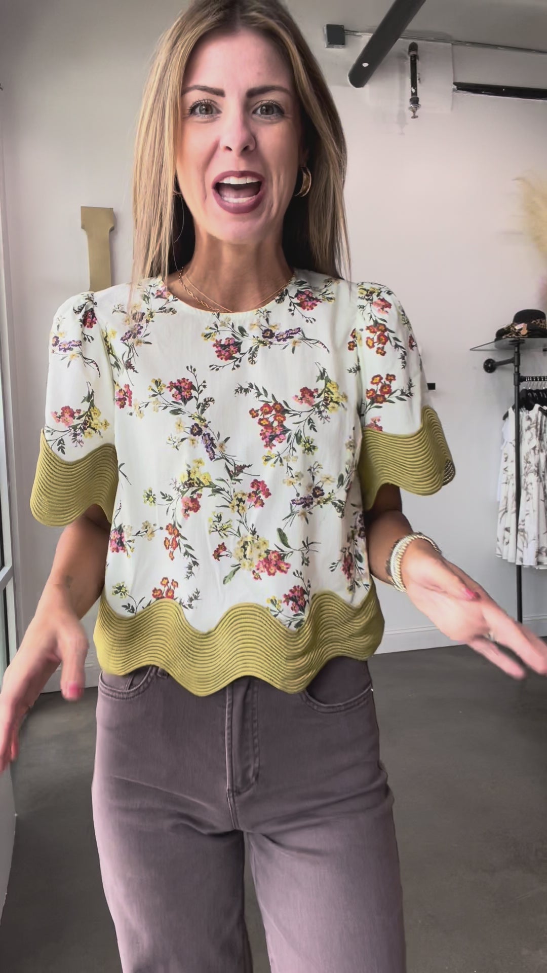 Wave Trim Floral Blouse - Chartreuse