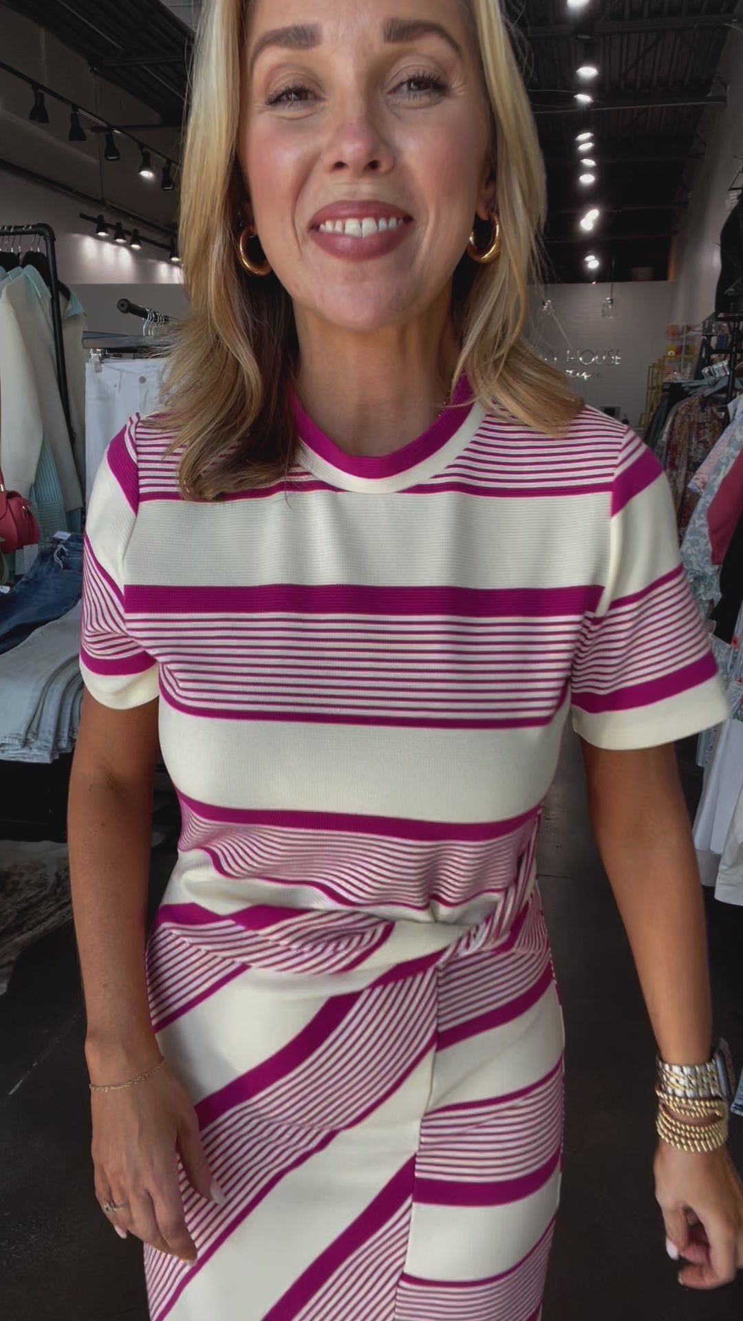 Striped Short Sleeve Dress - Plum
