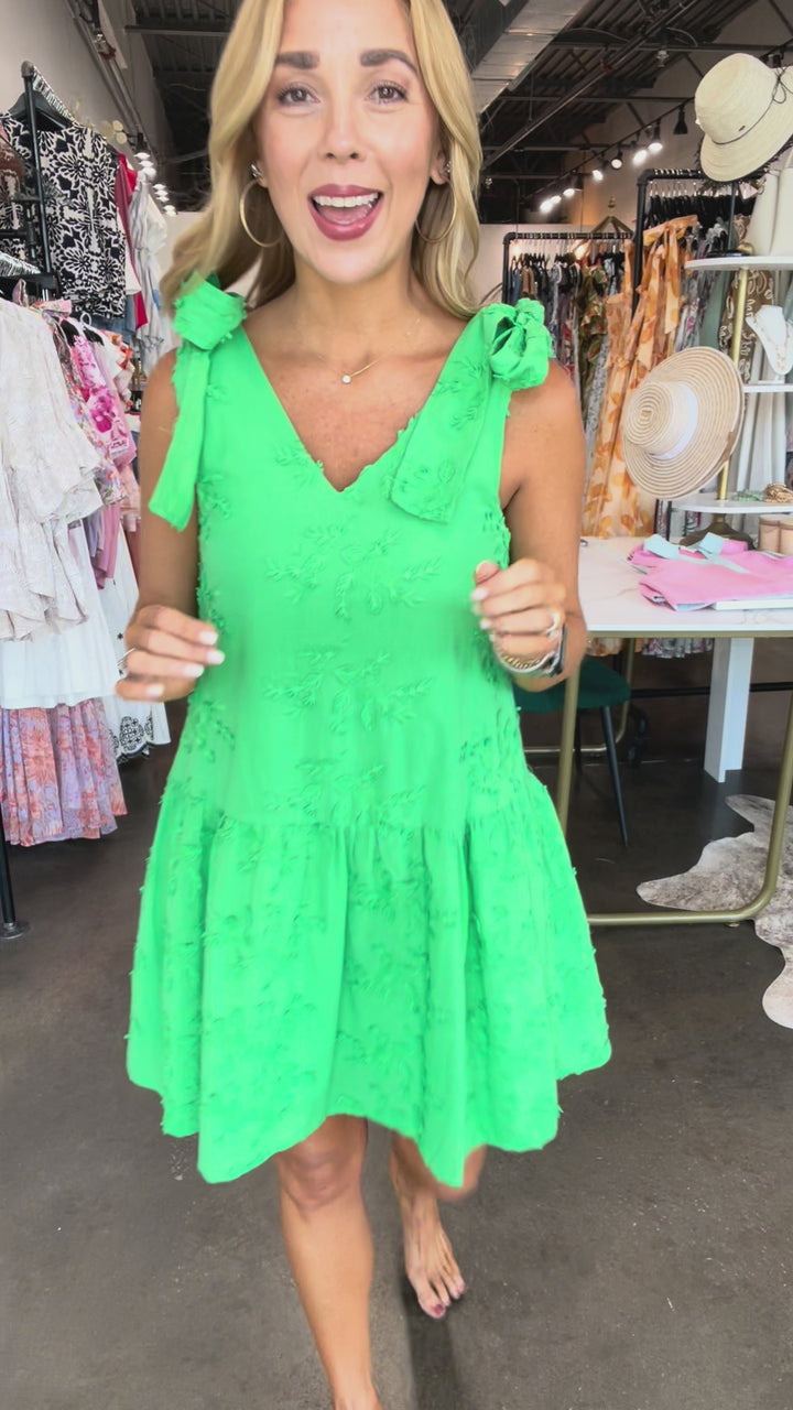 Tie Shoulder Textured Floral Dress - Green