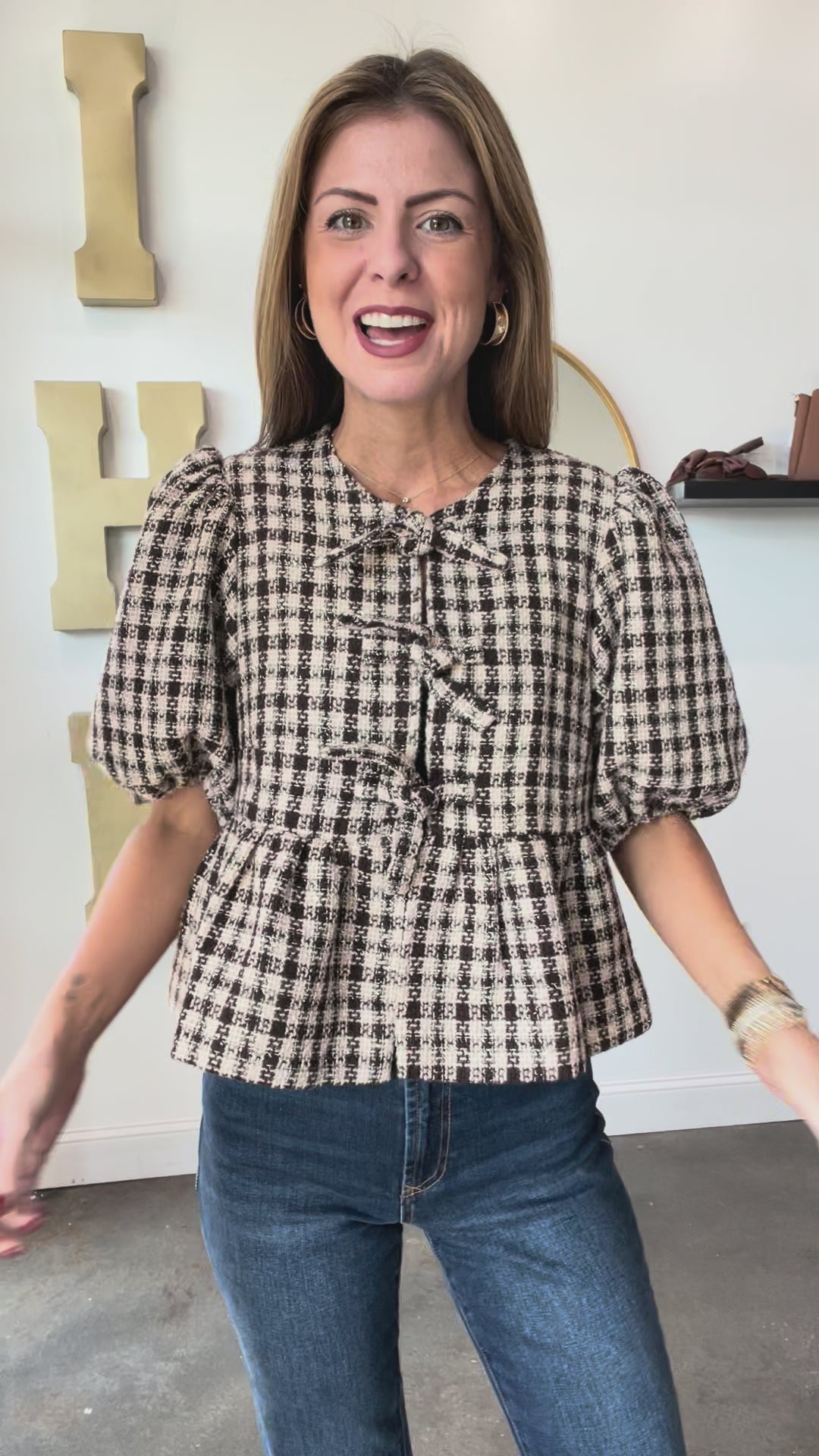 Front Tie Plaid Blouse - Brown