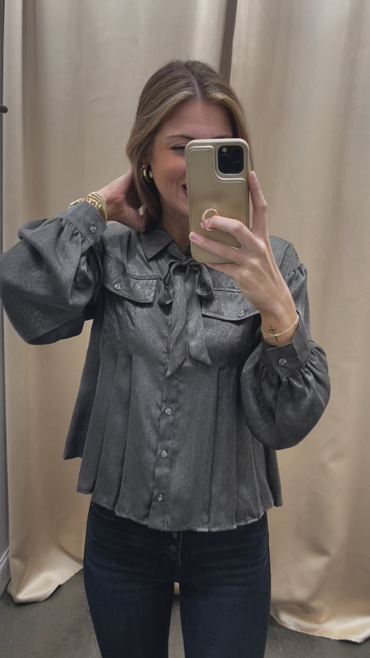 Tie Neck Pleated Blouse - Charcoal