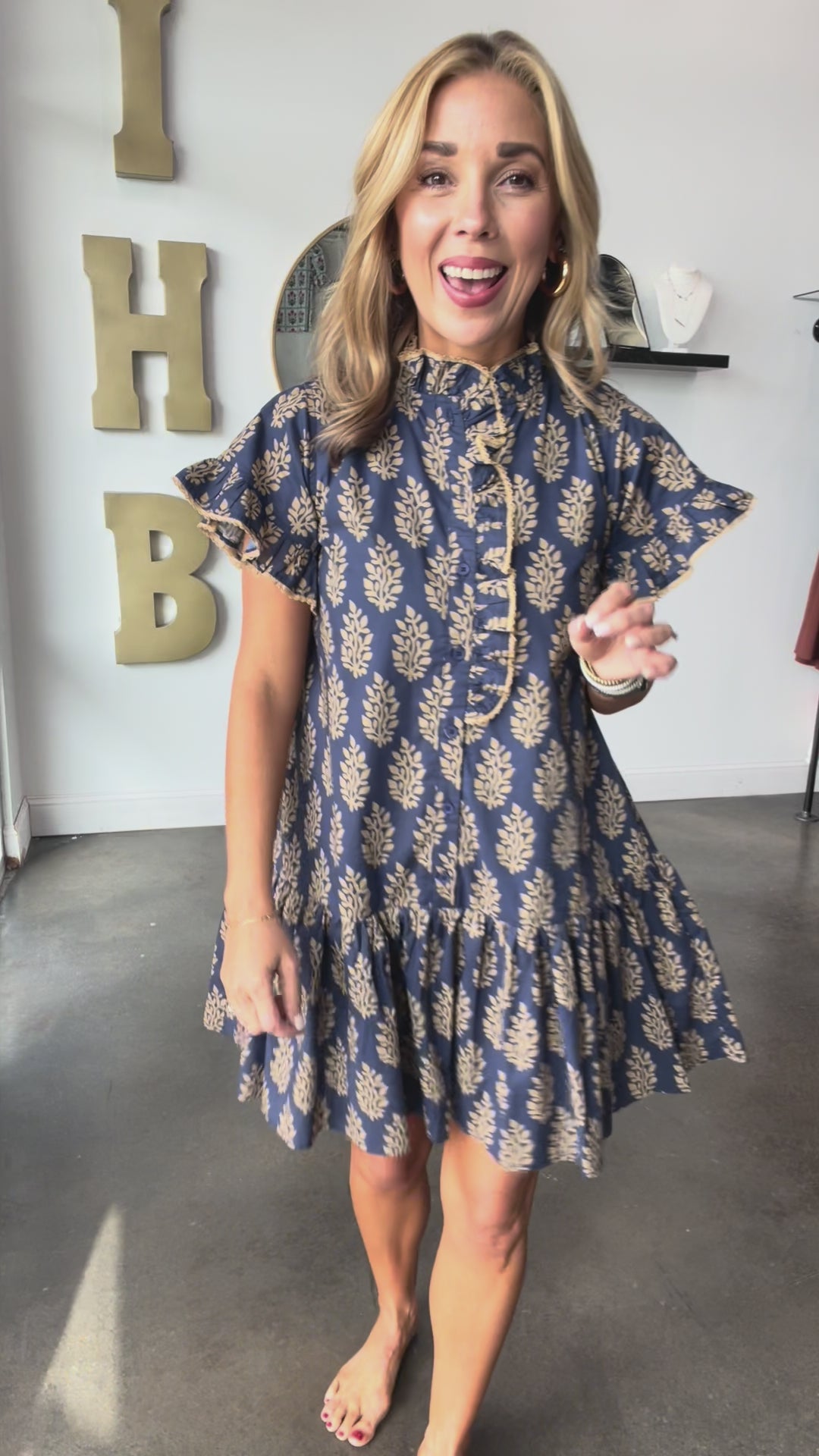 Button Front Printed Dress - Navy