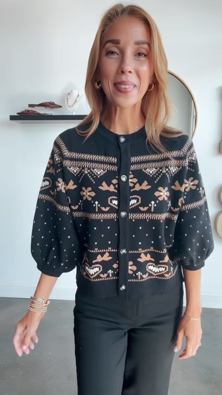 Button Front Pattern Cardigan - Black