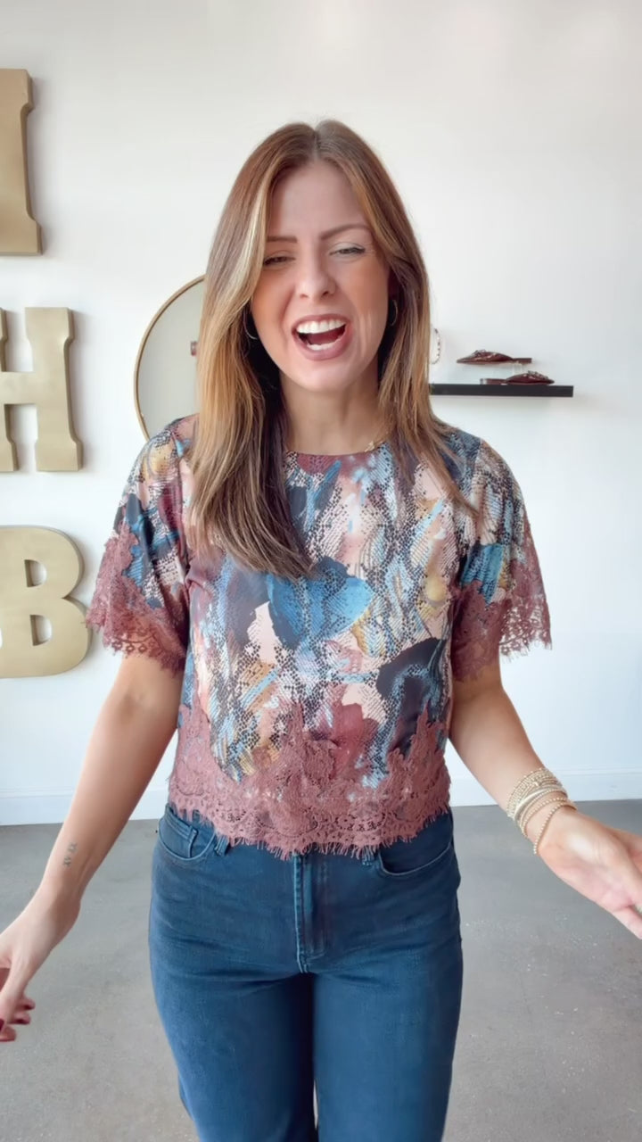 Lace Trim Printed Top