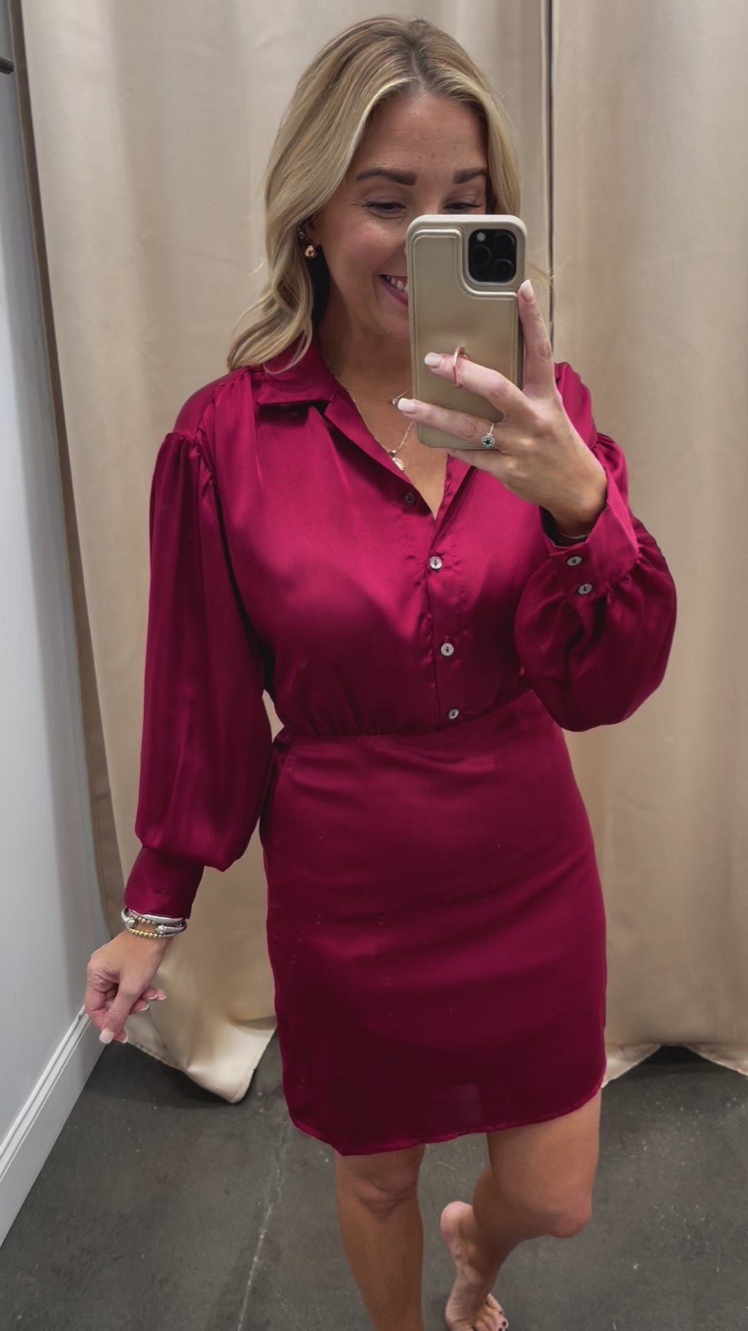 Satin Long Sleeve Dress - Wine