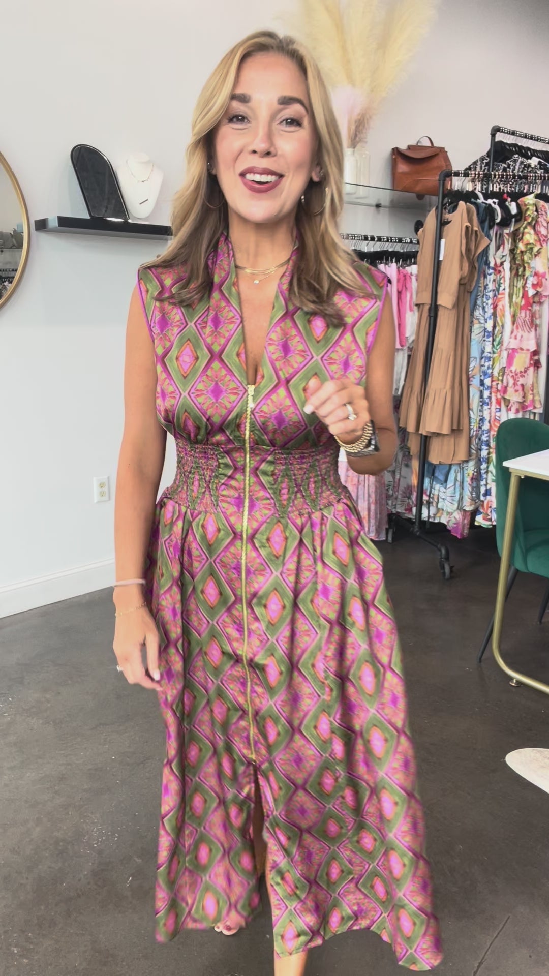 Zip Front Smocked Dress - Olive
