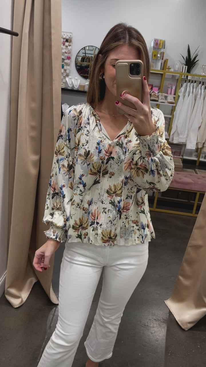 Long Sleeve Floral Blouse - Cream