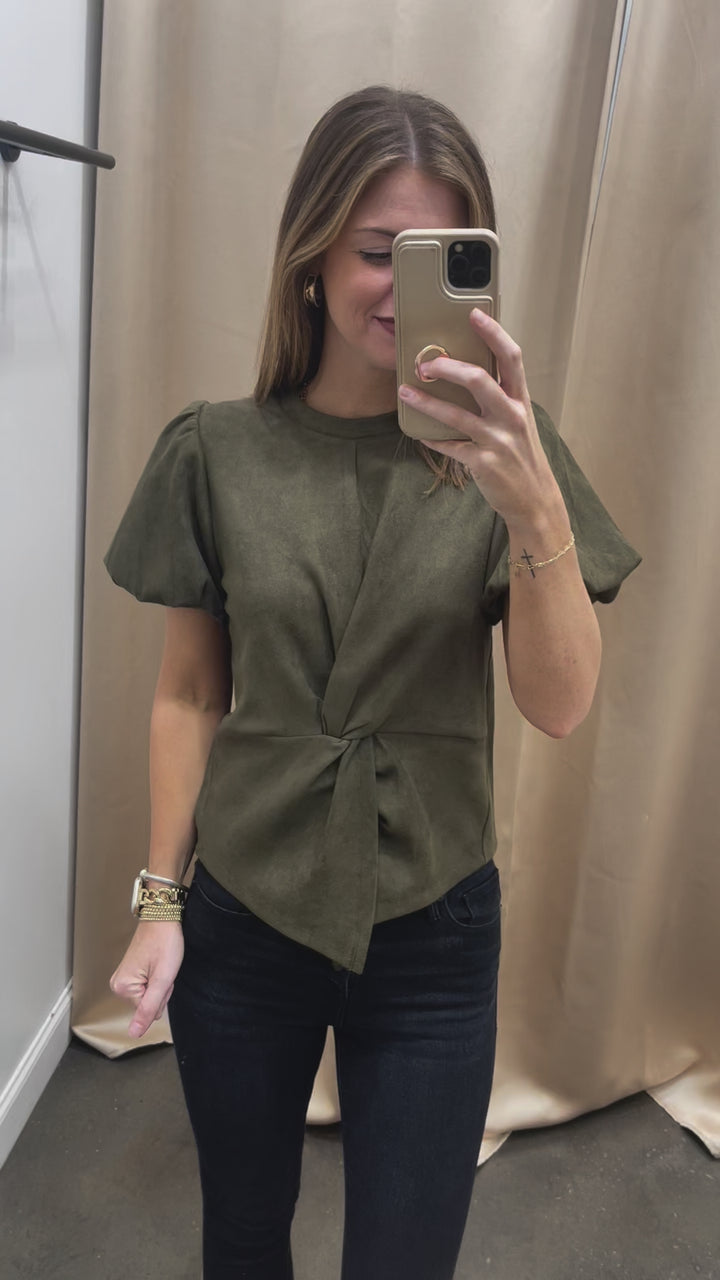 Puff Sleeve Suede Top - Olive