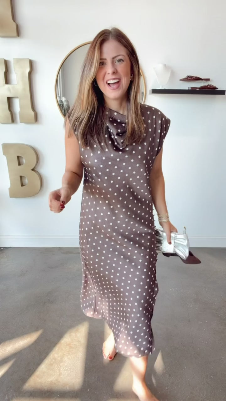 Cowl Neck Polka Dot Dress - Brown