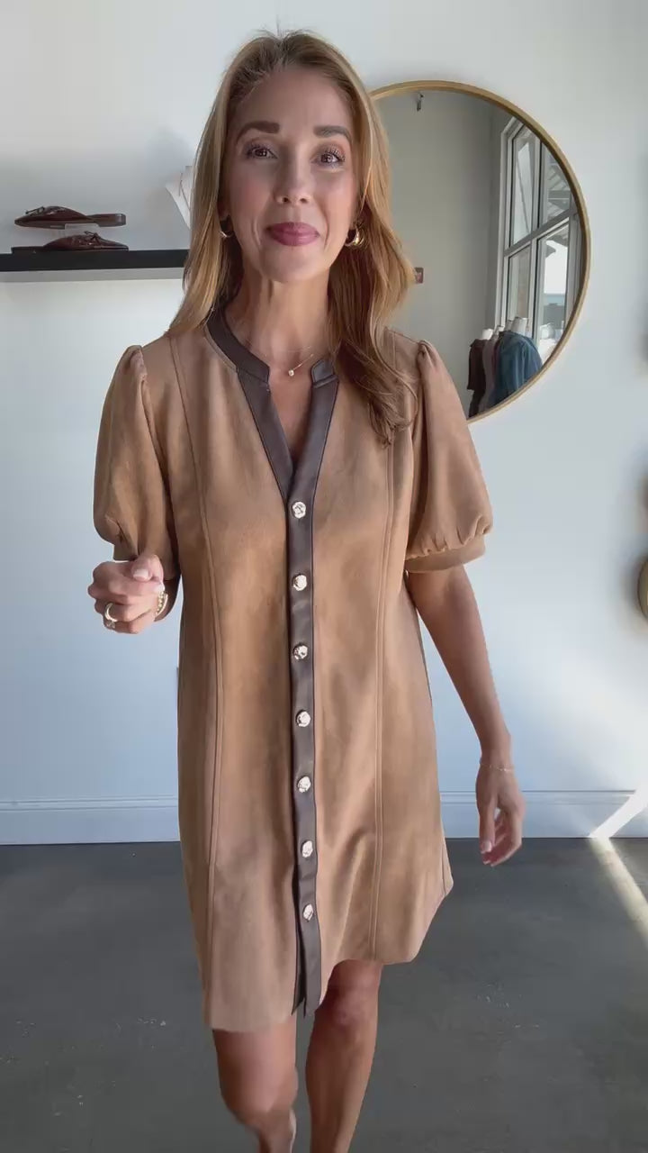 Leather Trim Button Front Dress - Camel