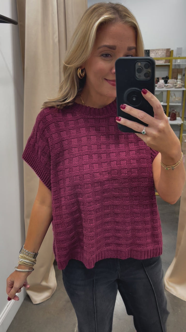 Textured Boxy Sweater Top - Wine