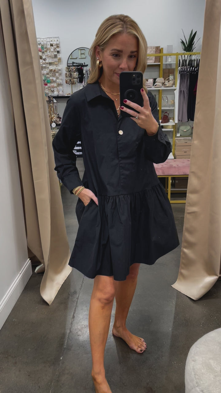 Drop Waist Poplin Dress - Black