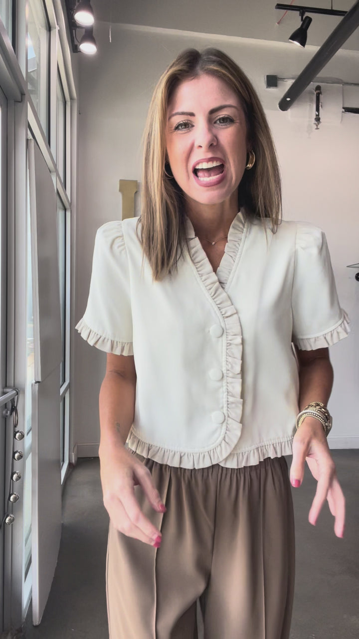 Ruffle Trim Button Top - Cream