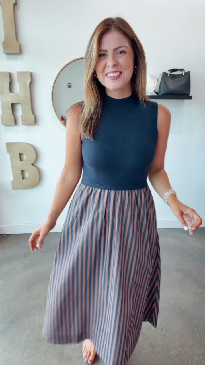 Mixed Media Striped Skirt Dress - Navy