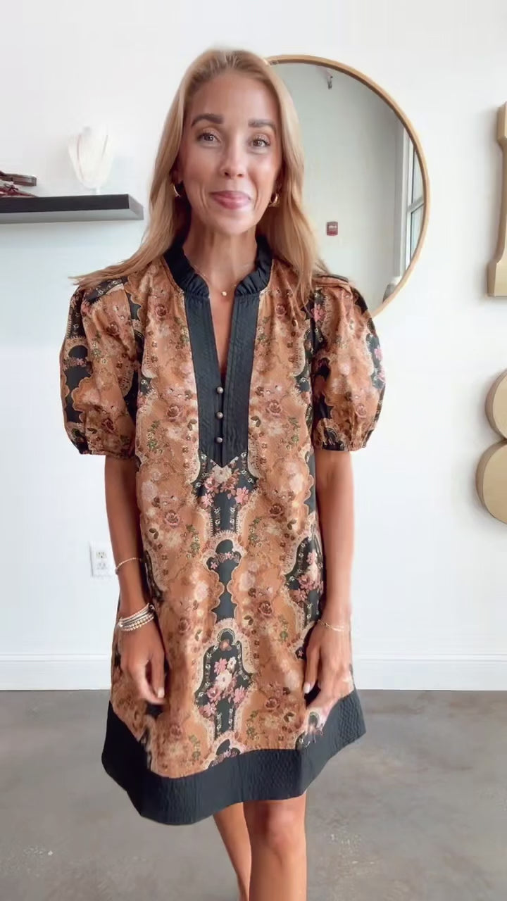 Vintage Print Dress - Camel