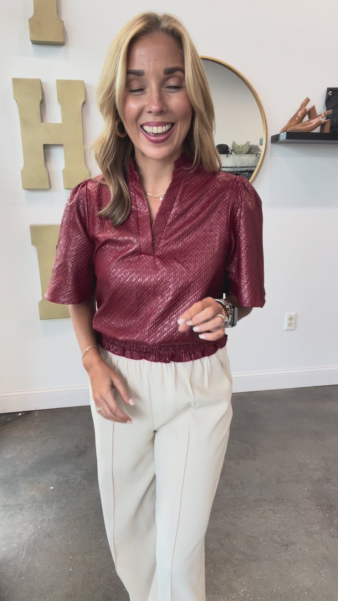 Smocked Hem Textured Top - Burgundy