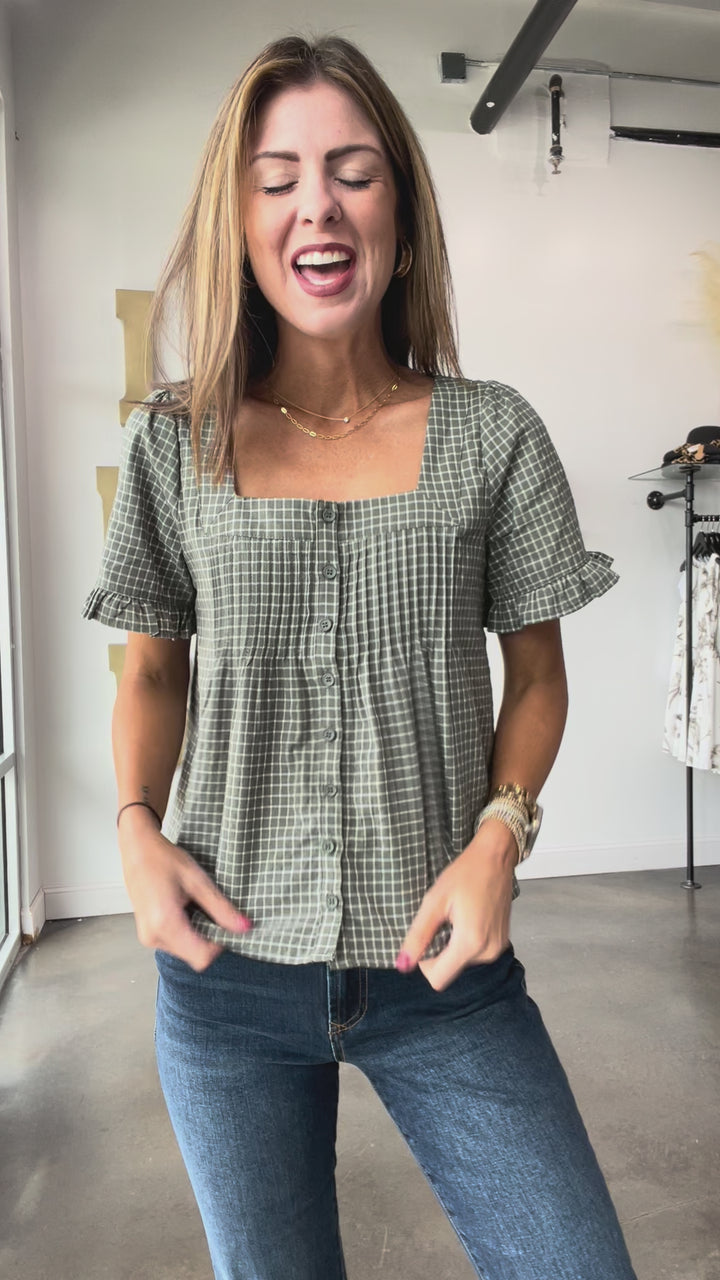Plaid Button Front Top - Green
