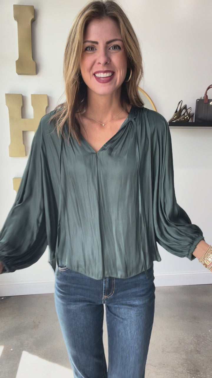 Tie Neck Satin Top - Forest Green