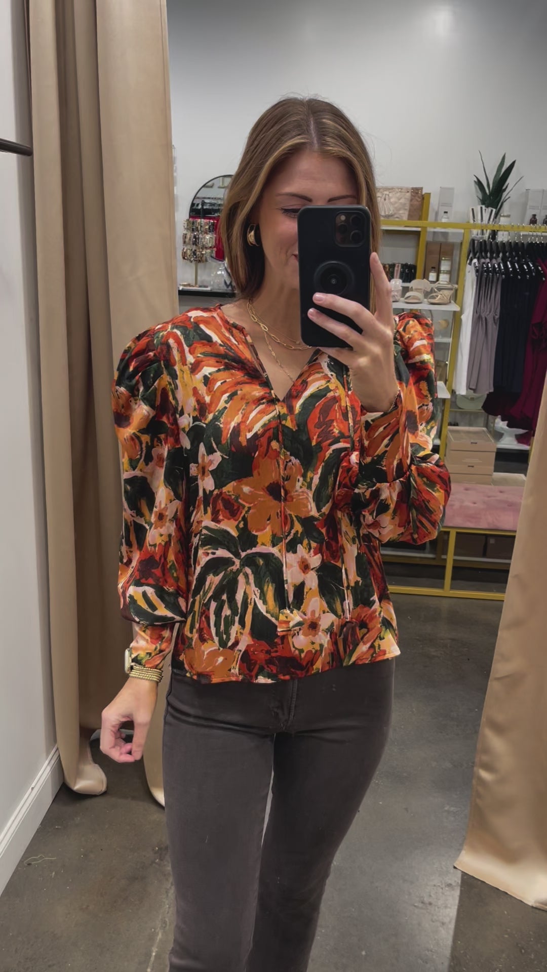 Long Sleeve Floral Top - Brown