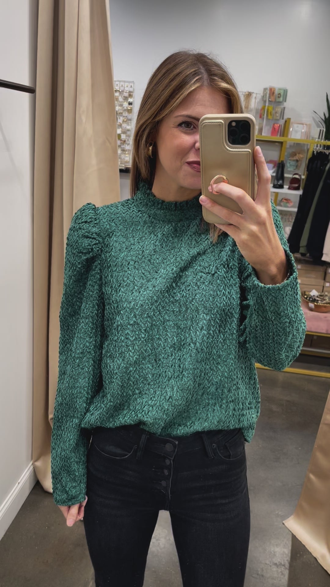 Mock Neck Textured Velvet Top - Green