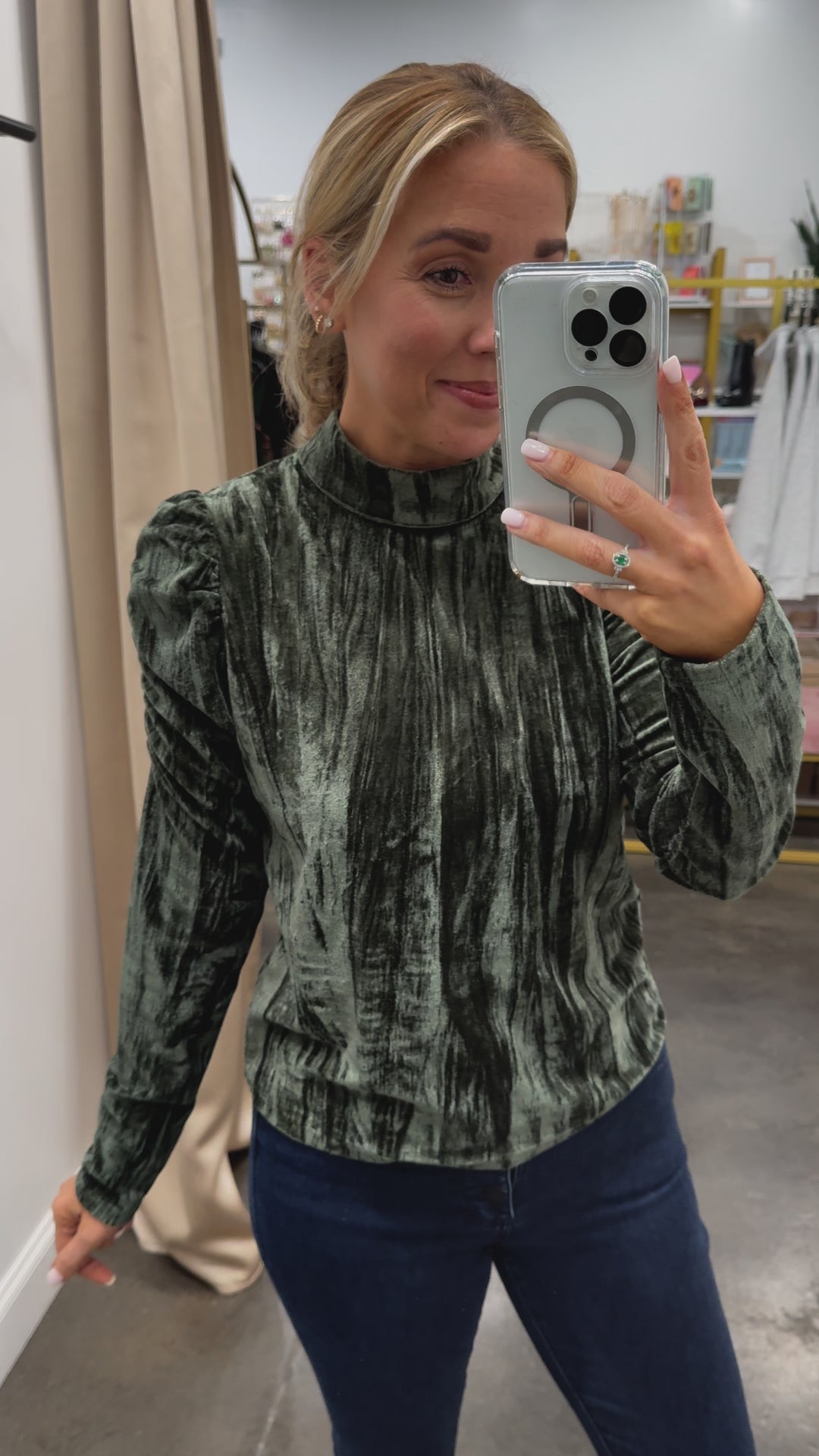 Velvet Ruched Sleeve Top - Olive