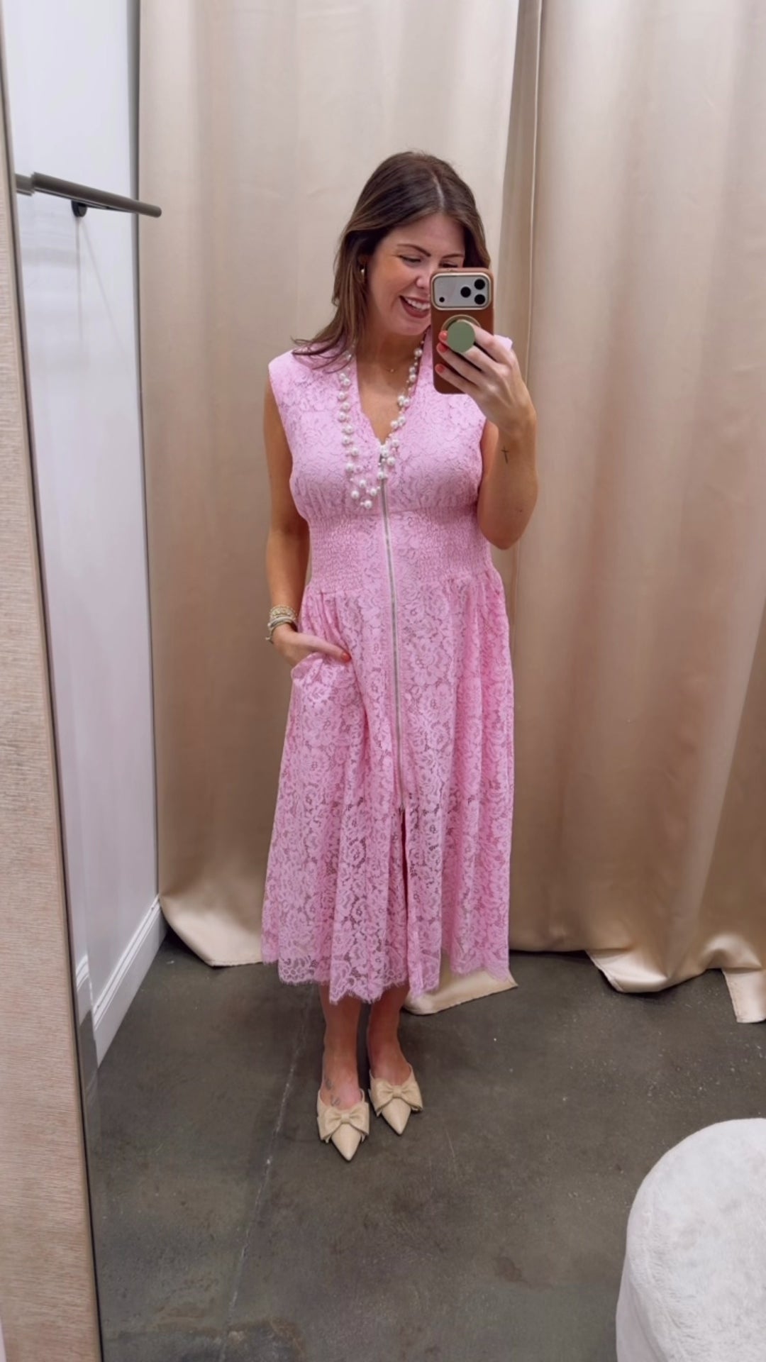 Smocked Waist Lace Dress - Pink