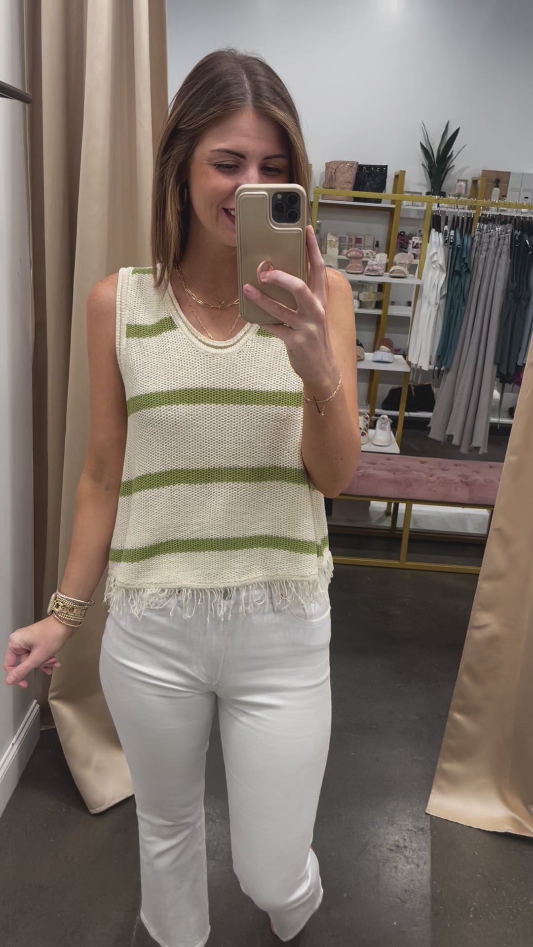 Striped Knit Fringe Tank - Cream/Green