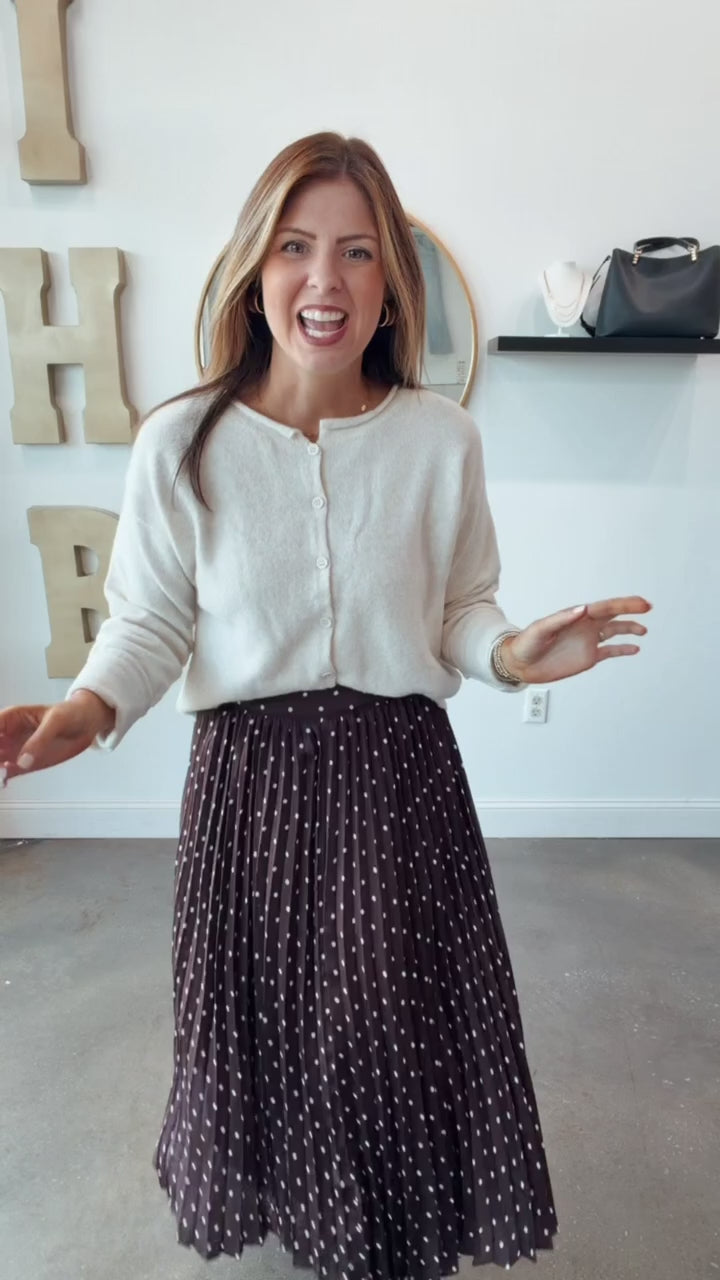 Pleated Polka Dot Midi Skirt - Brown