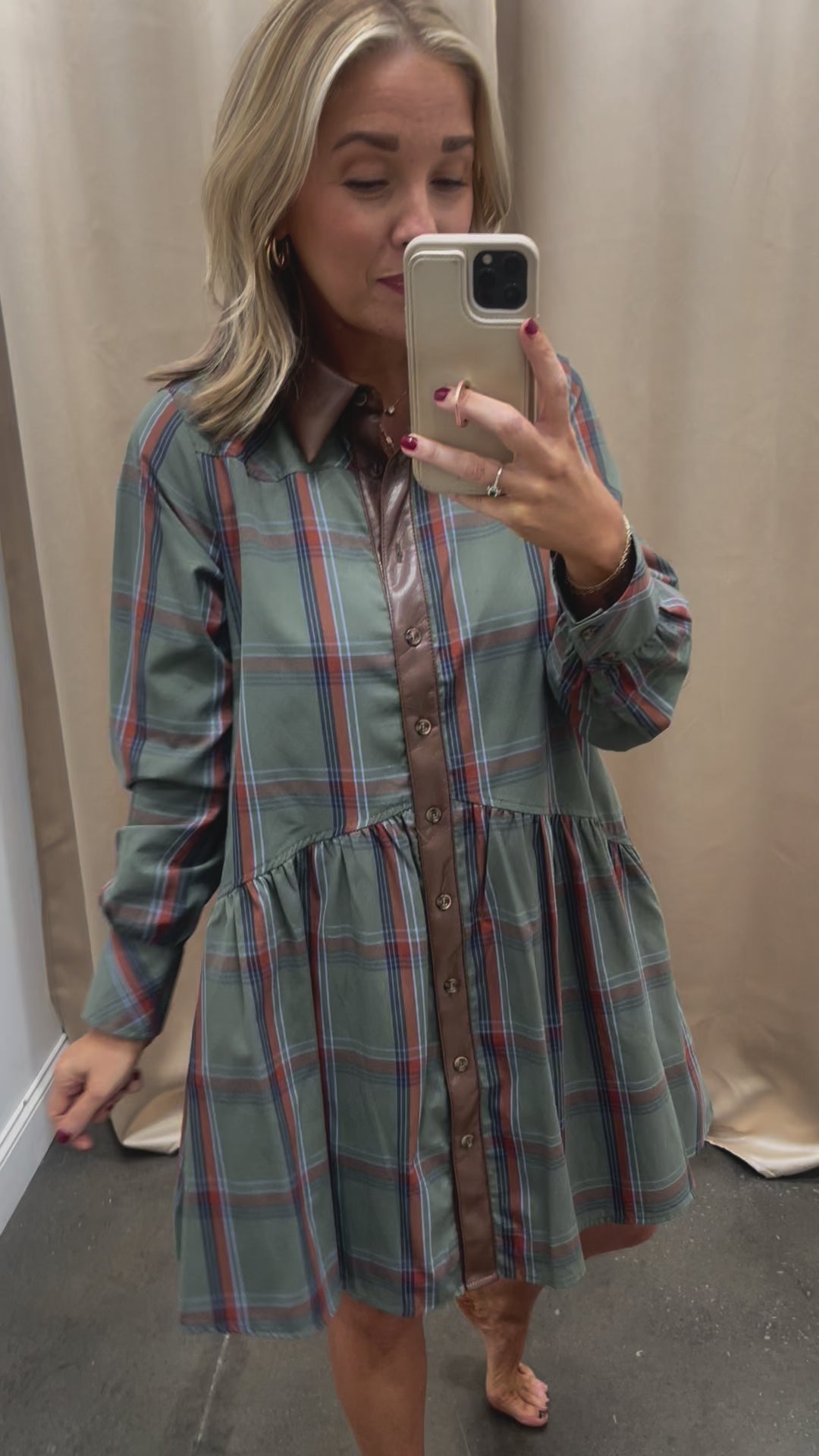 Leather Trim Plaid Dress