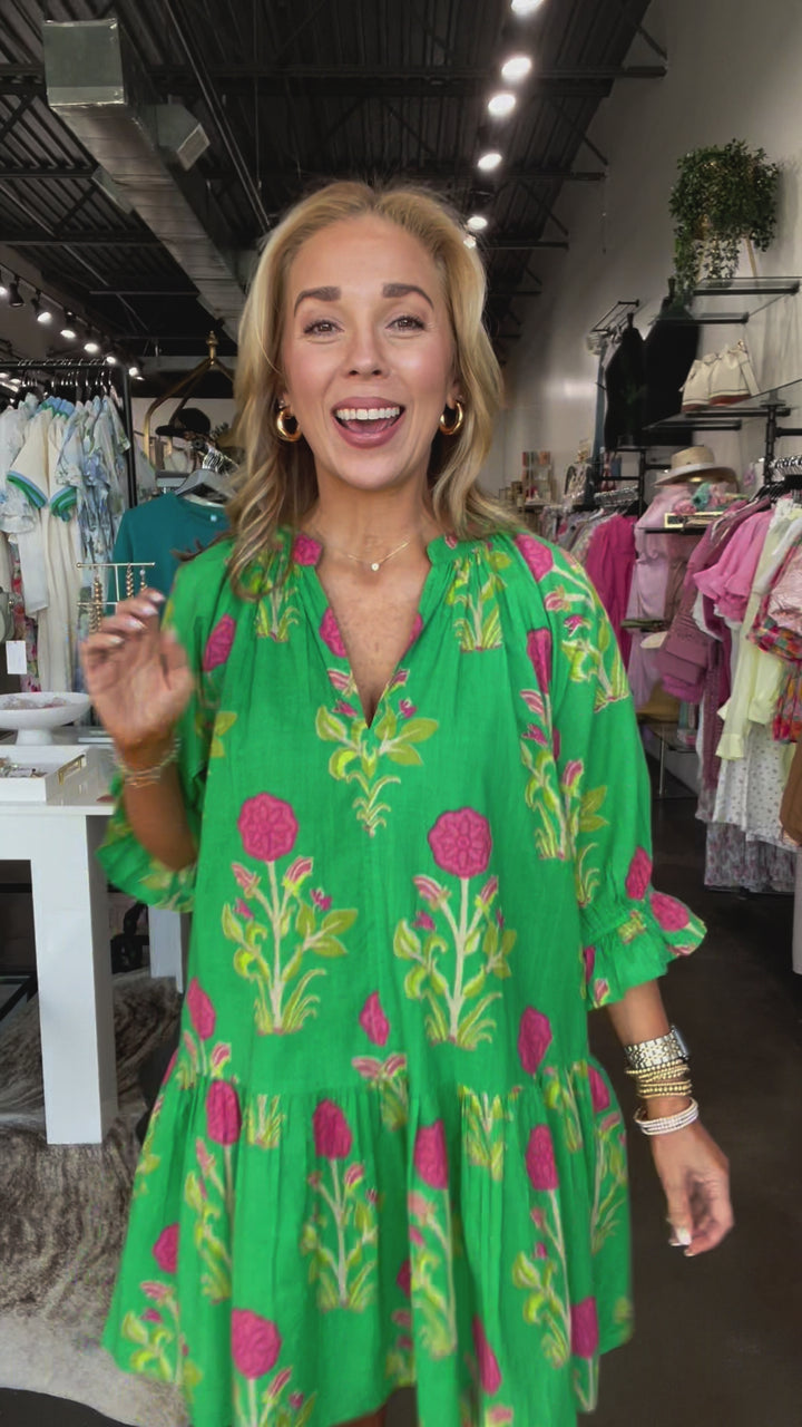 Drop Waist Floral Dress - Green