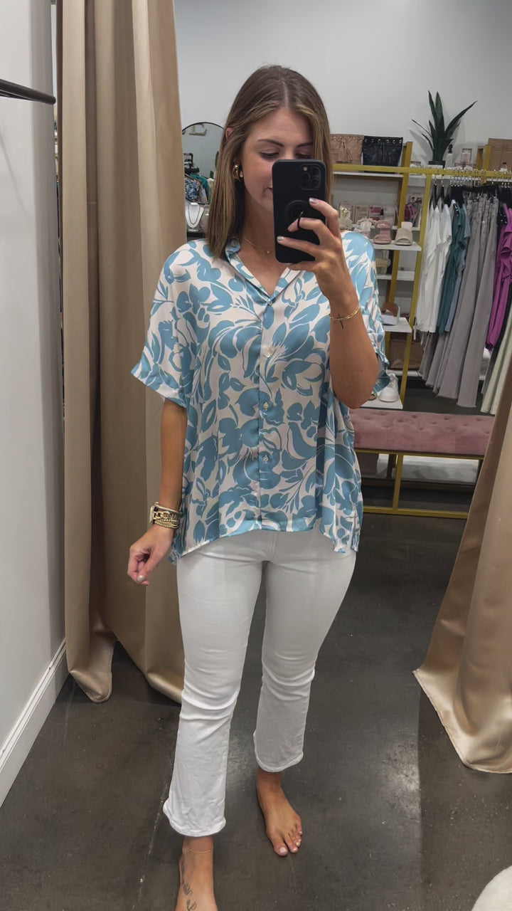 Printed Button Down Blouse - Blue