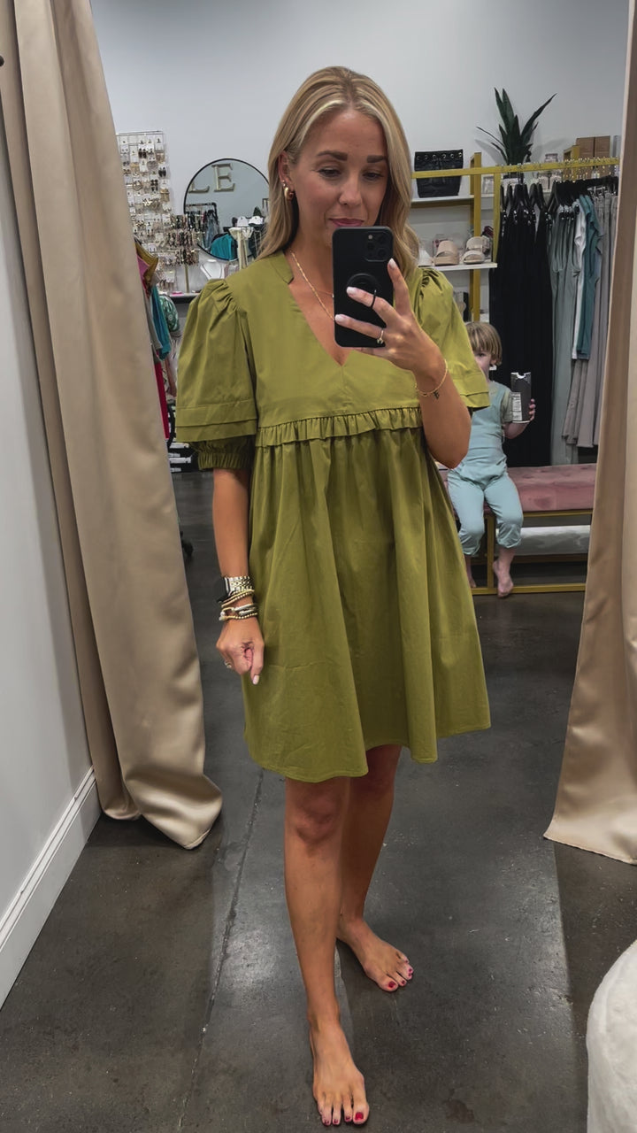 Short Sleeve V Neck Dress - Olive