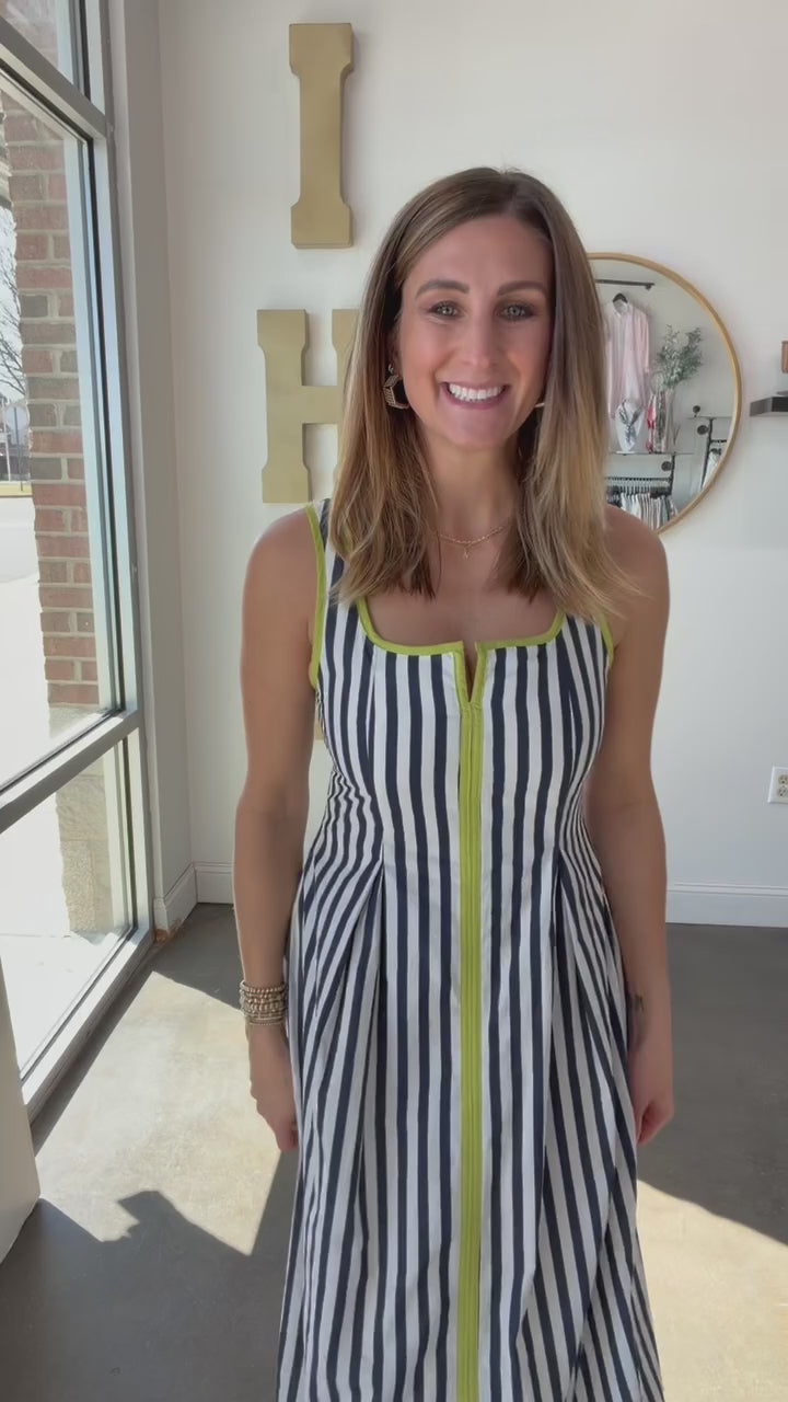Contrast Trim Striped Dress - Lime