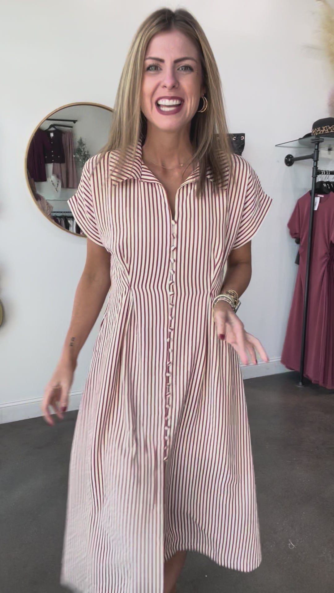 Button Front Striped Midi Dress - Brick