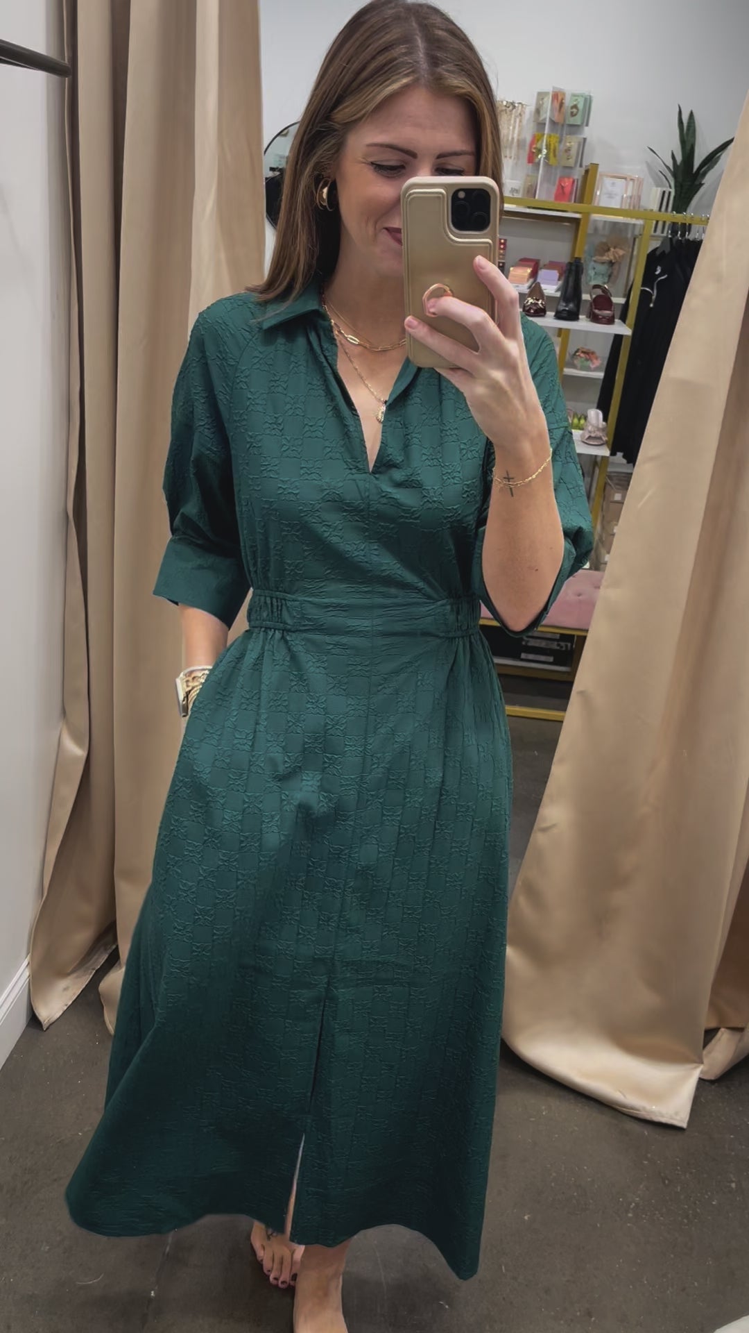 Textured Cinched Waist Dress - Hunter Green