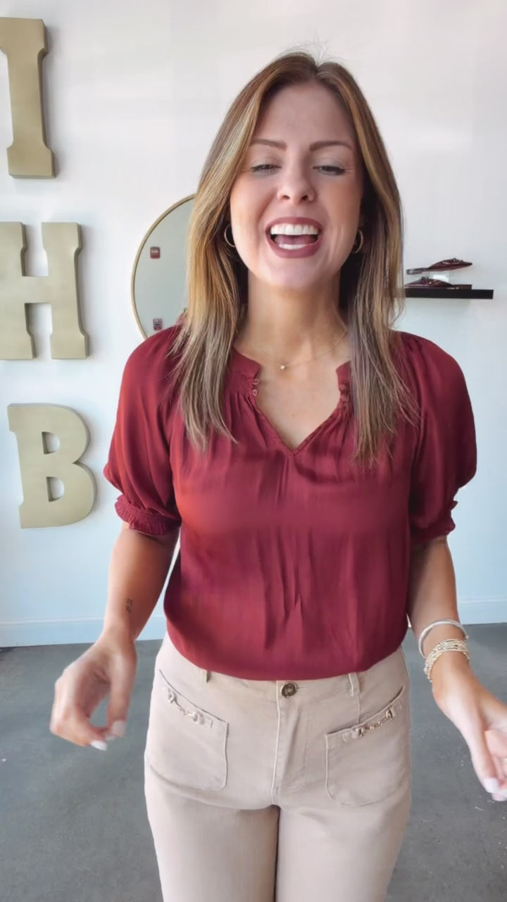 Half Sleeve Satin Blouse - Brick