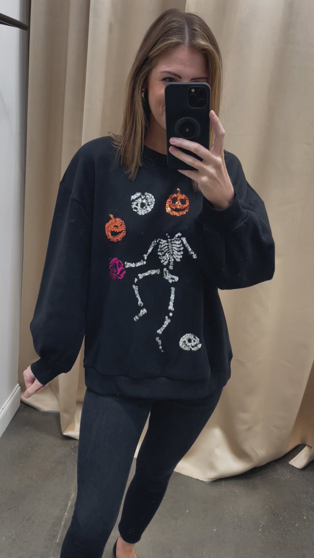 Sequin Dancing Skeleton Sweatshirt - Black