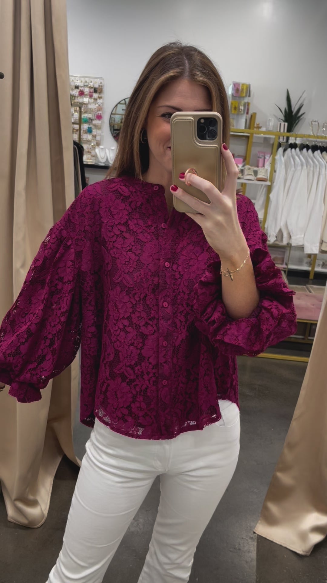 Lace Bubble Sleeve Blouse - Wine