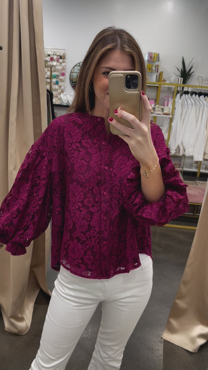 Lace Bubble Sleeve Blouse - Wine