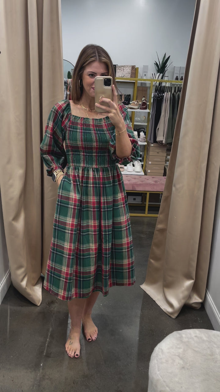 Smocked Plaid Dress - Green