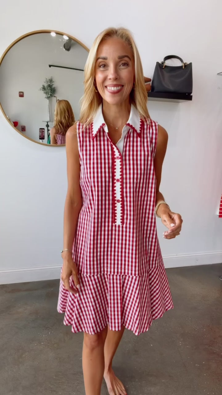 Gingham Ruffle Hem Dress - Red